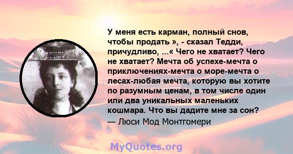 У меня есть карман, полный снов, чтобы продать », - сказал Тедди, причудливо, ...« Чего не хватает? Чего не хватает? Мечта об успехе-мечта о приключениях-мечта о море-мечта о лесах-любая мечта, которую вы хотите по