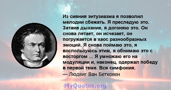 Из сияния энтузиазма я позволил мелодии сбежать. Я преследую это. Затаив дыхание, я догоняю это. Он снова летает, он исчезает, он погружается в хаос разнообразных эмоций. Я снова поймаю это, я воспользуюсь этим, я