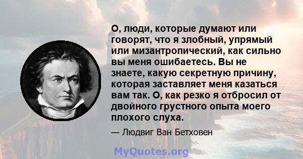 О, люди, которые думают или говорят, что я злобный, упрямый или мизантропический, как сильно вы меня ошибаетесь. Вы не знаете, какую секретную причину, которая заставляет меня казаться вам так. О, как резко я отбросил