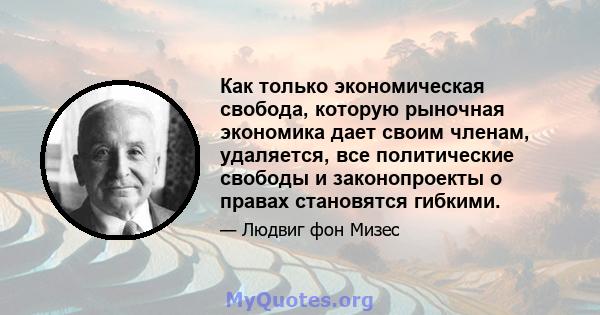 Как только экономическая свобода, которую рыночная экономика дает своим членам, удаляется, все политические свободы и законопроекты о правах становятся гибкими.