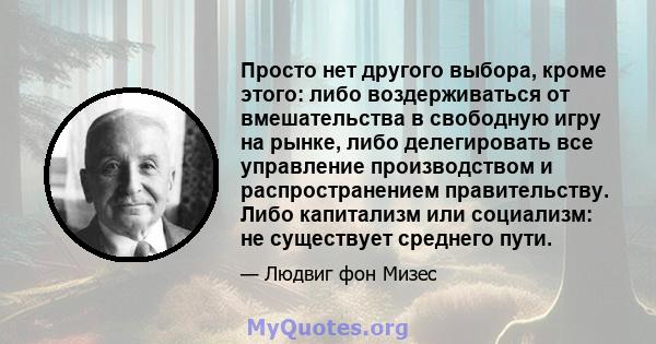 Просто нет другого выбора, кроме этого: либо воздерживаться от вмешательства в свободную игру на рынке, либо делегировать все управление производством и распространением правительству. Либо капитализм или социализм: не