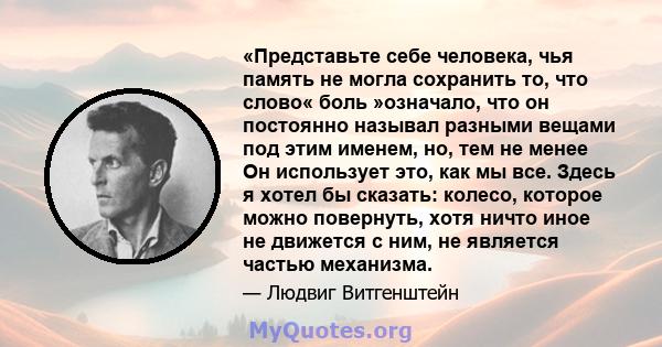 «Представьте себе человека, чья память не могла сохранить то, что слово« боль »означало, что он постоянно называл разными вещами под этим именем, но, тем не менее Он использует это, как мы все. Здесь я хотел бы сказать: 