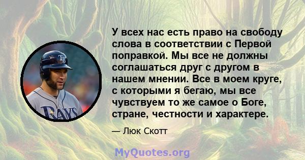 У всех нас есть право на свободу слова в соответствии с Первой поправкой. Мы все не должны соглашаться друг с другом в нашем мнении. Все в моем круге, с которыми я бегаю, мы все чувствуем то же самое о Боге, стране,