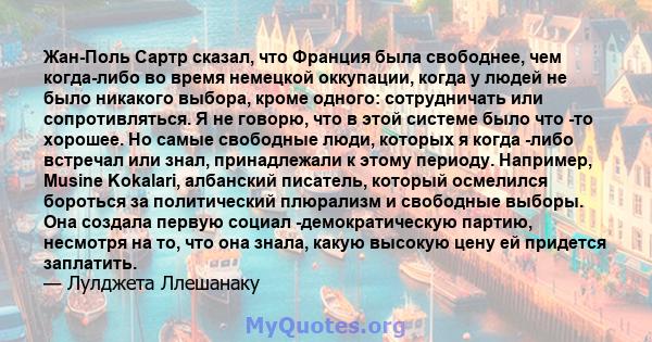 Жан-Поль Сартр сказал, что Франция была свободнее, чем когда-либо во время немецкой оккупации, когда у людей не было никакого выбора, кроме одного: сотрудничать или сопротивляться. Я не говорю, что в этой системе было