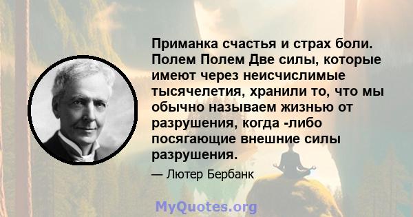 Приманка счастья и страх боли. Полем Полем Две силы, которые имеют через неисчислимые тысячелетия, хранили то, что мы обычно называем жизнью от разрушения, когда -либо посягающие внешние силы разрушения.