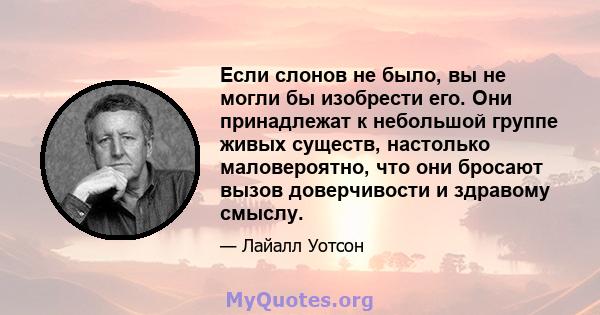 Если слонов не было, вы не могли бы изобрести его. Они принадлежат к небольшой группе живых существ, настолько маловероятно, что они бросают вызов доверчивости и здравому смыслу.