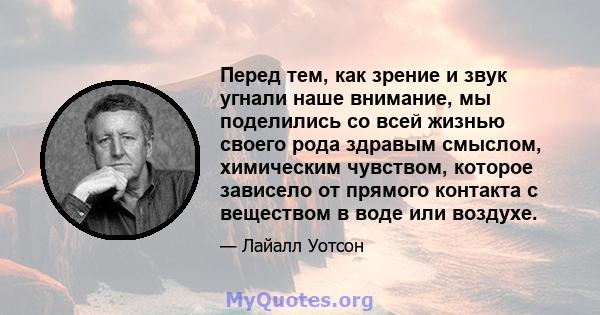 Перед тем, как зрение и звук угнали наше внимание, мы поделились со всей жизнью своего рода здравым смыслом, химическим чувством, которое зависело от прямого контакта с веществом в воде или воздухе.