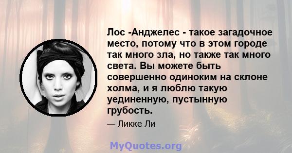 Лос -Анджелес - такое загадочное место, потому что в этом городе так много зла, но также так много света. Вы можете быть совершенно одиноким на склоне холма, и я люблю такую ​​уединенную, пустынную грубость.