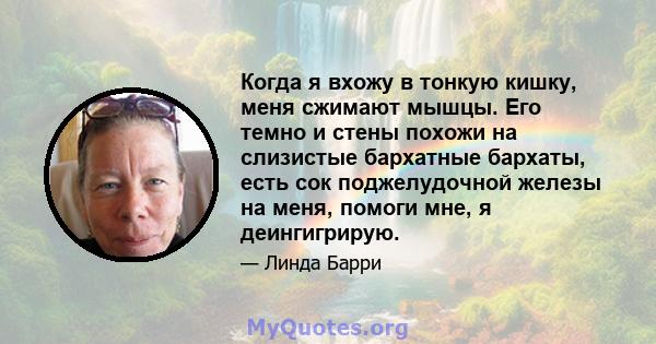 Когда я вхожу в тонкую кишку, меня сжимают мышцы. Его темно и стены похожи на слизистые бархатные бархаты, есть сок поджелудочной железы на меня, помоги мне, я деингигрирую.