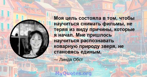 Моя цель состояла в том, чтобы научиться снимать фильмы, не теряя из виду причины, которые я начал. Мне пришлось научиться распознавать коварную природу зверя, не становясь единым.