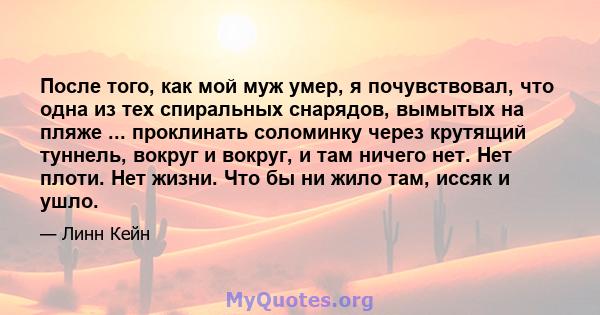 После того, как мой муж умер, я почувствовал, что одна из тех спиральных снарядов, вымытых на пляже ... проклинать соломинку через крутящий туннель, вокруг и вокруг, и там ничего нет. Нет плоти. Нет жизни. Что бы ни