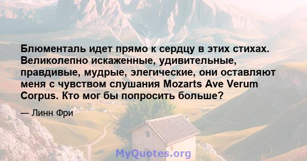 Блюменталь идет прямо к сердцу в этих стихах. Великолепно искаженные, удивительные, правдивые, мудрые, элегические, они оставляют меня с чувством слушания Mozarts Ave Verum Corpus. Кто мог бы попросить больше?