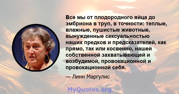 Все мы от плодородного яйца до эмбриона в труп, в точности: теплые, влажные, пушистые животные, вынужденные сексуальностью наших предков и предсказателей, как прямо, так или косвенно, нашей собственной захватывающей и