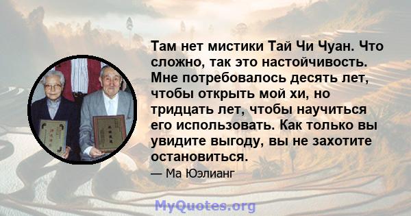 Там нет мистики Тай Чи Чуан. Что сложно, так это настойчивость. Мне потребовалось десять лет, чтобы открыть мой хи, но тридцать лет, чтобы научиться его использовать. Как только вы увидите выгоду, вы не захотите