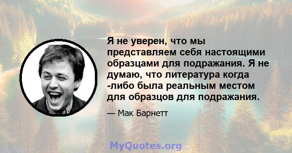 Я не уверен, что мы представляем себя настоящими образцами для подражания. Я не думаю, что литература когда -либо была реальным местом для образцов для подражания.