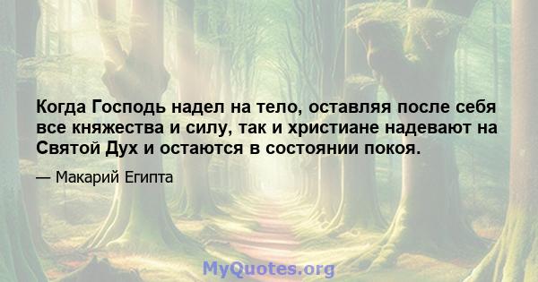 Когда Господь надел на тело, оставляя после себя все княжества и силу, так и христиане надевают на Святой Дух и остаются в состоянии покоя.