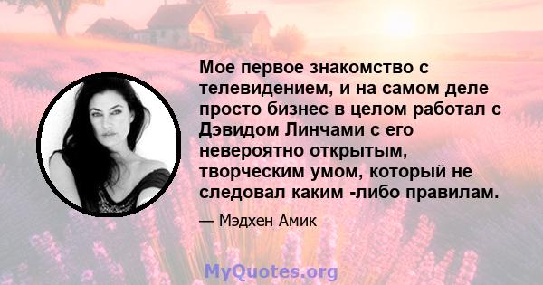 Мое первое знакомство с телевидением, и на самом деле просто бизнес в целом работал с Дэвидом Линчами с его невероятно открытым, творческим умом, который не следовал каким -либо правилам.