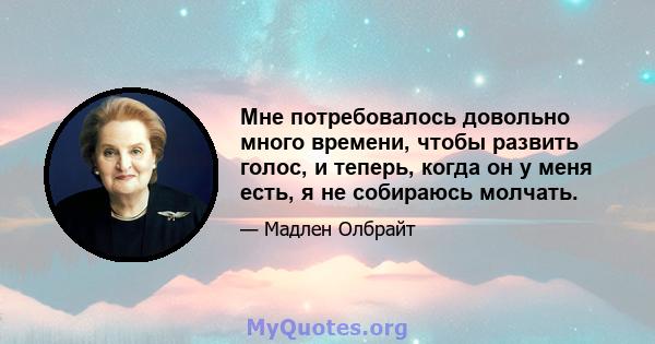 Мне потребовалось довольно много времени, чтобы развить голос, и теперь, когда он у меня есть, я не собираюсь молчать.