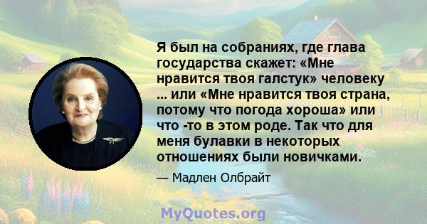 Я был на собраниях, где глава государства скажет: «Мне нравится твоя галстук» человеку ... или «Мне нравится твоя страна, потому что погода хороша» или что -то в этом роде. Так что для меня булавки в некоторых