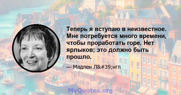 Теперь я вступаю в неизвестное. Мне потребуется много времени, чтобы проработать горе. Нет ярлыков; это должно быть прошло.