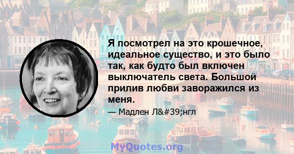 Я посмотрел на это крошечное, идеальное существо, и это было так, как будто был включен выключатель света. Большой прилив любви заворажился из меня.