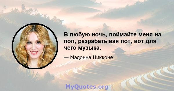 В любую ночь, поймайте меня на пол, разрабатывая пот, вот для чего музыка.