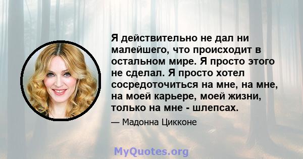 Я действительно не дал ни малейшего, что происходит в остальном мире. Я просто этого не сделал. Я просто хотел сосредоточиться на мне, на мне, на моей карьере, моей жизни, только на мне - шлепсах.