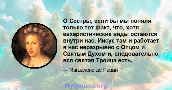 O Сестры, если бы мы поняли только тот факт, что, хотя евхаристические виды остаются внутри нас, Иисус там и работает в нас неразрывно с Отцом и Святым Духом и, следовательно, вся святая Троица есть.