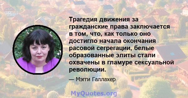 Трагедия движения за гражданские права заключается в том, что, как только оно достигло начала окончания расовой сегрегации, белые образованные элиты стали охвачены в гламуре сексуальной революции.