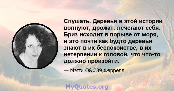 Слушать. Деревья в этой истории волнуют, дрожат, лечегают себя. Бриз исходит в порыве от моря, и это почти как будто деревья знают в их беспокойстве, в их нетерпении к головой, что что-то должно произойти.