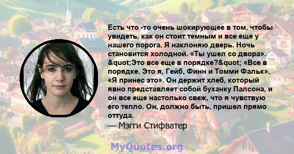 Есть что -то очень шокирующее в том, чтобы увидеть, как он стоит темным и все еще у нашего порога. Я наклоняю дверь. Ночь становится холодной. «Ты ушел со двора». "Это все еще в порядке?" «Все в порядке. Это