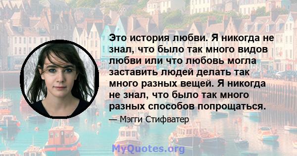 Это история любви. Я никогда не знал, что было так много видов любви или что любовь могла заставить людей делать так много разных вещей. Я никогда не знал, что было так много разных способов попрощаться.