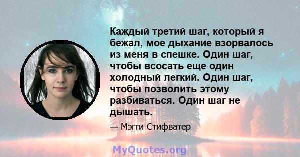 Каждый третий шаг, который я бежал, мое дыхание взорвалось из меня в спешке. Один шаг, чтобы всосать еще один холодный легкий. Один шаг, чтобы позволить этому разбиваться. Один шаг не дышать.