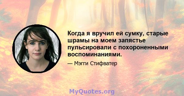 Когда я вручил ей сумку, старые шрамы на моем запястье пульсировали с похороненными воспоминаниями.