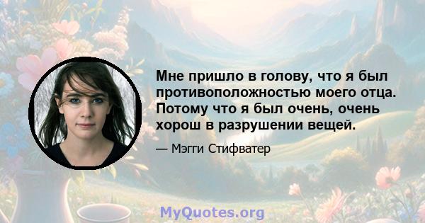 Мне пришло в голову, что я был противоположностью моего отца. Потому что я был очень, очень хорош в разрушении вещей.