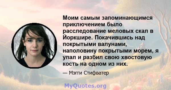 Моим самым запоминающимся приключением было расследование меловых скал в Йоркшире. Покачившись над покрытыми валунами, наполовину покрытыми морем, я упал и разбил свою хвостовую кость на одном из них.