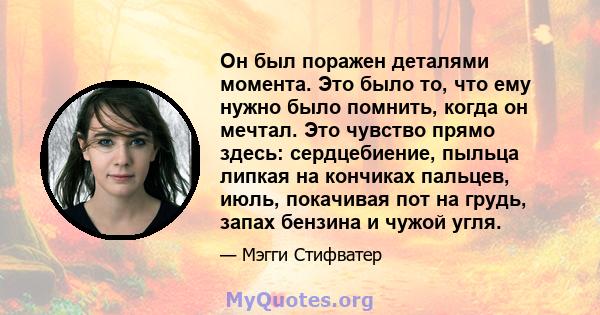 Он был поражен деталями момента. Это было то, что ему нужно было помнить, когда он мечтал. Это чувство прямо здесь: сердцебиение, пыльца липкая на кончиках пальцев, июль, покачивая пот на грудь, запах бензина и чужой