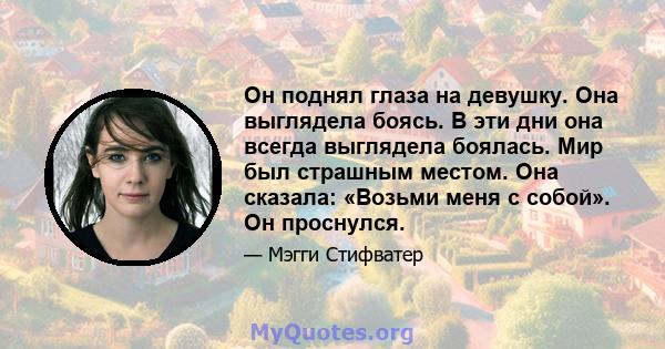 Он поднял глаза на девушку. Она выглядела боясь. В эти дни она всегда выглядела боялась. Мир был страшным местом. Она сказала: «Возьми меня с собой». Он проснулся.