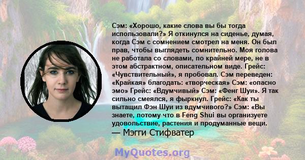 Сэм: «Хорошо, какие слова вы бы тогда использовали?» Я откинулся на сиденье, думая, когда Сэм с сомнением смотрел на меня. Он был прав, чтобы выглядеть сомнительно. Моя голова не работала со словами, по крайней мере, не 