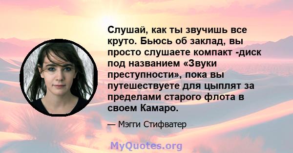 Слушай, как ты звучишь все круто. Бьюсь об заклад, вы просто слушаете компакт -диск под названием «Звуки преступности», пока вы путешествуете для цыплят за пределами старого флота в своем Камаро.