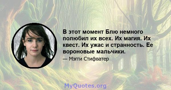 В этот момент Блю немного полюбил их всех. Их магия. Их квест. Их ужас и странность. Ее вороновые мальчики.