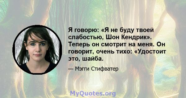 Я говорю: «Я не буду твоей слабостью, Шон Кендрик». Теперь он смотрит на меня. Он говорит, очень тихо: «Удостоит это, шайба.