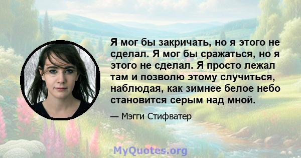 Я мог бы закричать, но я этого не сделал. Я мог бы сражаться, но я этого не сделал. Я просто лежал там и позволю этому случиться, наблюдая, как зимнее белое небо становится серым над мной.