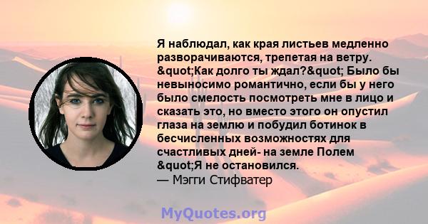 Я наблюдал, как края листьев медленно разворачиваются, трепетая на ветру. "Как долго ты ждал?" Было бы невыносимо романтично, если бы у него было смелость посмотреть мне в лицо и сказать это, но вместо этого