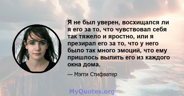 Я не был уверен, восхищался ли я его за то, что чувствовал себя так тяжело и яростно, или я презирал его за то, что у него было так много эмоций, что ему пришлось вылить его из каждого окна дома.