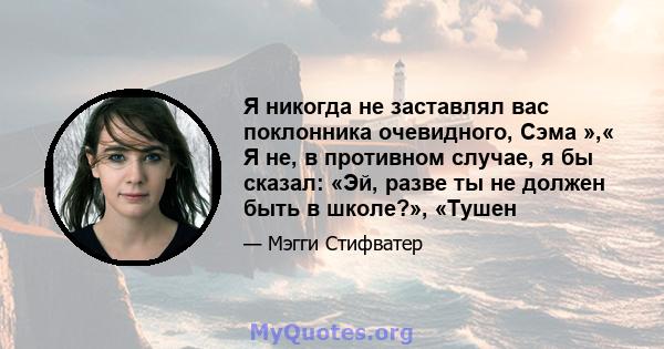 Я никогда не заставлял вас поклонника очевидного, Сэма »,« Я не, в противном случае, я бы сказал: «Эй, разве ты не должен быть в школе?», «Тушен