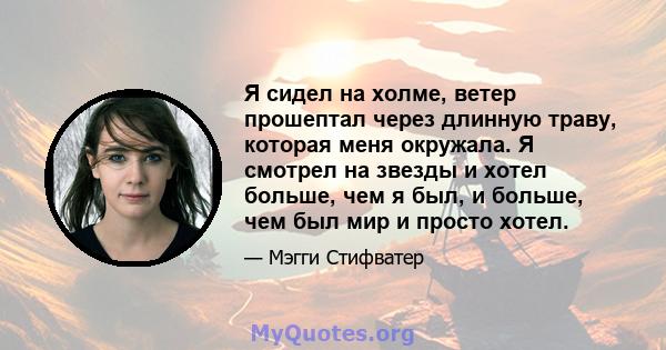 Я сидел на холме, ветер прошептал через длинную траву, которая меня окружала. Я смотрел на звезды и хотел больше, чем я был, и больше, чем был мир и просто хотел.