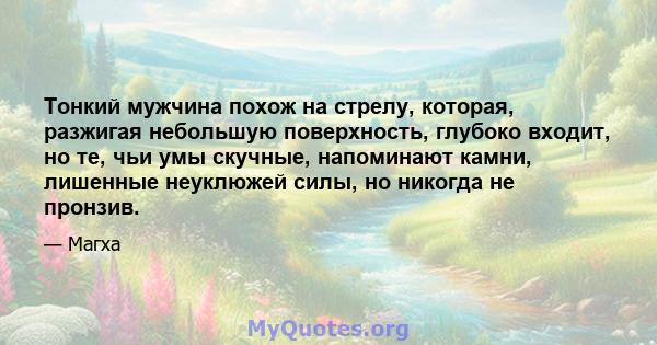 Тонкий мужчина похож на стрелу, которая, разжигая небольшую поверхность, глубоко входит, но те, чьи умы скучные, напоминают камни, лишенные неуклюжей силы, но никогда не пронзив.