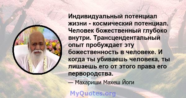 Индивидуальный потенциал жизни - космический потенциал. Человек божественный глубоко внутри. Трансцендентальный опыт пробуждает эту божественность в человеке. И когда ты убиваешь человека, ты лишаешь его от этого права