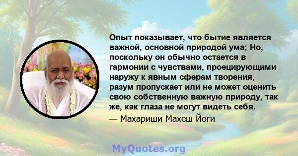 Опыт показывает, что бытие является важной, основной природой ума; Но, поскольку он обычно остается в гармонии с чувствами, проецирующими наружу к явным сферам творения, разум пропускает или не может оценить свою